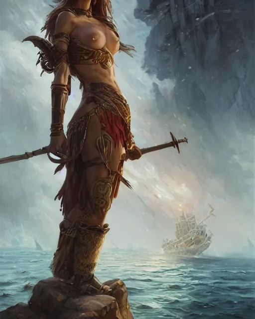 Image similar to A beautiful female warrior posing on a boat, perfect face, highly detailed face, close-up, fantasy woman, fantasy art, in the style of greg rutkowski, illustration, epic, fantasy, intricate, hyper detailed, artstation, concept art, smooth, sharp focus, ray tracing, profile shot