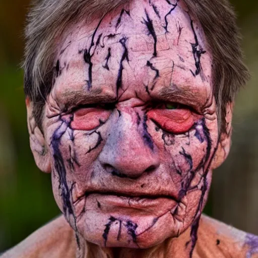 Image similar to real photograph of old face with purple scars, hd