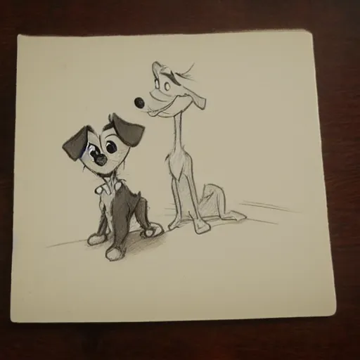 Image similar to milt kahl pencil sketch of happy mini schnauzer cartoon lady and the tramp style