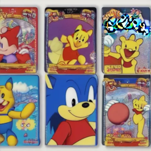 Image similar to photograph of winnie the pooh and super mario and sonic the hedgehog anime style, on pokemon card packs at target