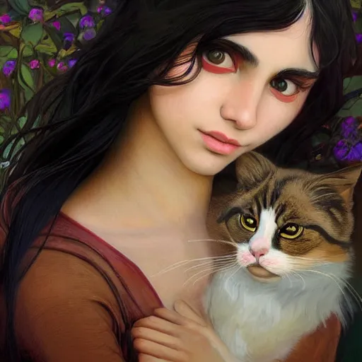 Image similar to emo mexican girl and her cat, with long dark hair, thick eyebrows!!! deep dark big shiny eyes and dark circles!, wide nose!!!, oval face shape, big cheeks! by juan villafuerte, greg rutkowski and alphonse mucha, pexels contest winner, high quality photo, rtx, hd