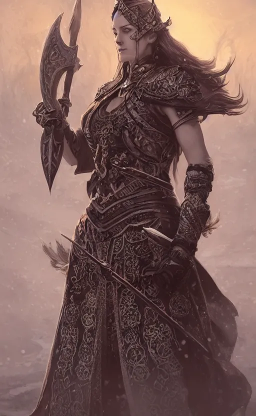 Image similar to azure viking warrior, regal, elegant, winter, snow, beautiful, stunning, hd, illustration, epic, d & d, fantasy, intricate, elegant, highly detailed, wide angle, digital painting, artstation, concept art, smooth, sharp focus, illustration, wallpaper, art by artgerm and greg rutkowski and alphonse mucha and jin xiaodi