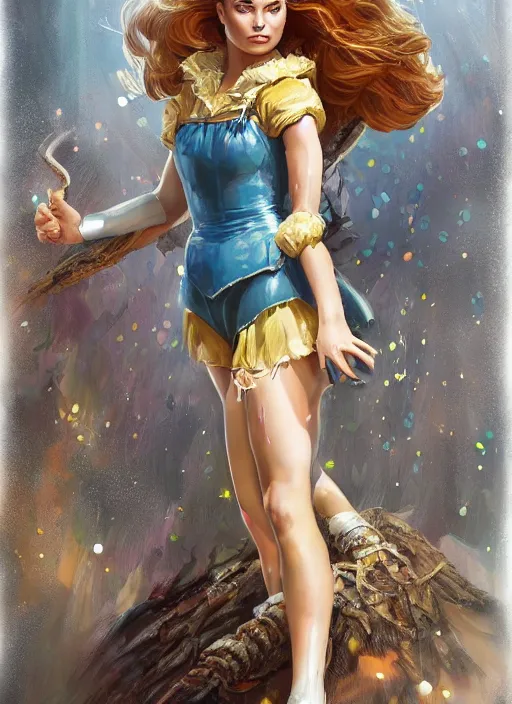Image similar to beautiful female dorothy gale woman, margot robbie as dorothy, full body character concept, armor, super powers, fantasy, intricate, elegant, highly detailed, digital painting, artstation, concept art, shining, sharp focus, illustration, art by stanley lau