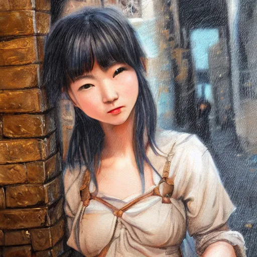 Prompt: a perfect, realistic professional oil painting in ancient Roman style, of a Japanese schoolgirl posing in a dystopian alleyway, close-up, by a professional American senior artist on ArtStation, a high-quality hollywood-style concept