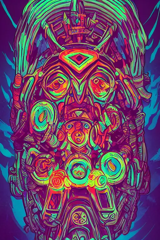 Image similar to totem animal tribal chaman vodoo mask feather gemstone plant wood rock video game illustration vivid color borderlands by josan gonzales and dan mumford radiating a glowing aura