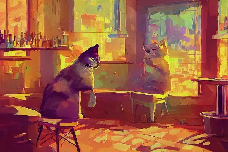 Image similar to a digital art of a cat sits on a chair in a bar in the afternoon, the sun shines in, animal, light effect, highly detailed, by anton fadeev