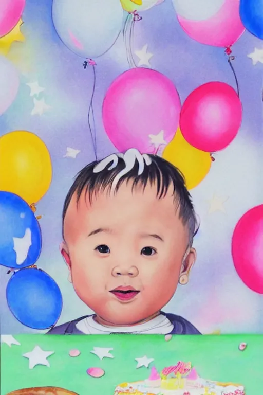 Image similar to a toddler's birthday card featuring Chris Chan, light pink, white, silver, Realistic background with pastel colors, no text