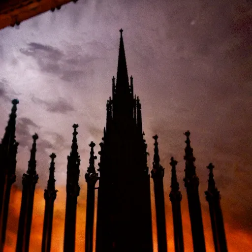 Prompt: A mysterious Silhouette on top of the rood of a gothic cathedral in the style of Bloodborne, thunderstorm at night