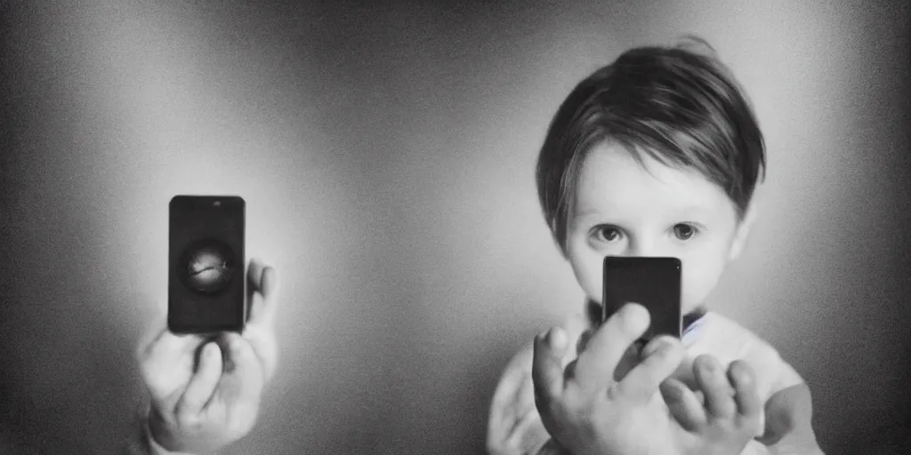 Prompt: cinematic, concept art, hyper realistic, symbolism, Orwellian Smart Phones held in the hand of a child by Scott M Fischer, misty, depth of field, 8k, 35mm film grain, album cover