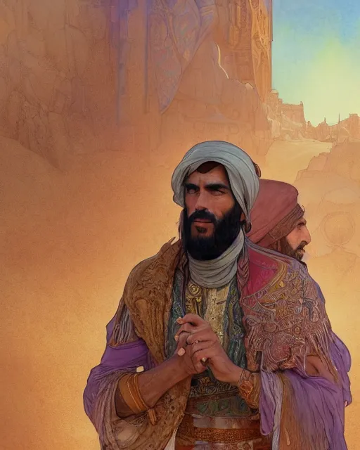 Prompt: male bedouin in the desert worshipping in the mosque, highly detailed, gold filigree, romantic storybook fantasy, soft cinematic lighting, award, disney concept art watercolor illustration by mandy jurgens and alphonse mucha and alena aenami, pastel color palette, featured on artstation