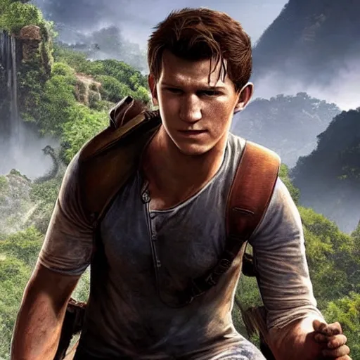 Image similar to tom holland as nathan drake from uncharted, cinematic lightning