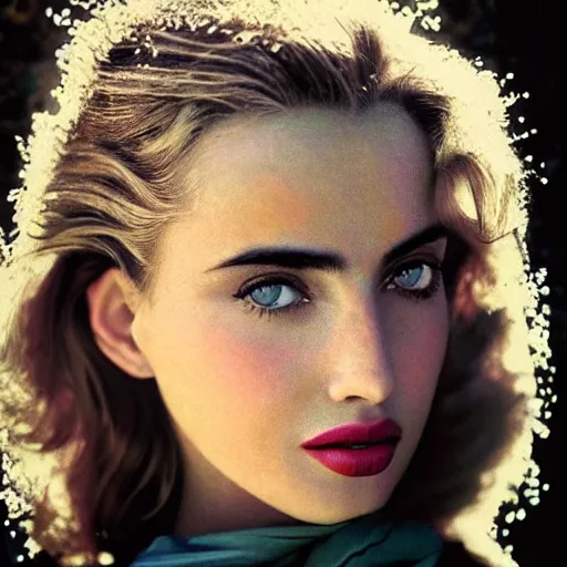 Prompt: colorized vogue closeup portrait by herb ritts of a beautiful model, ana de armas, high contrast