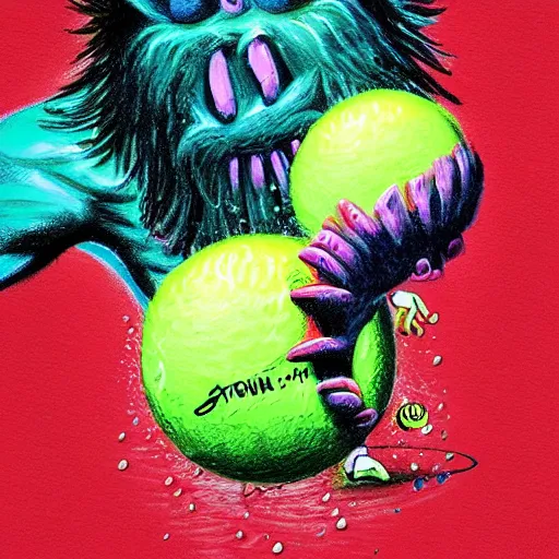 Prompt: a tennis ball monster ,tennis ball, rain, chalk, digital art, fantasy, magic, trending on artstation, ultra detailed, professional illustration by Basil Gogos