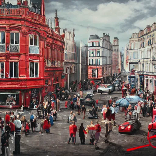 Image similar to A British European City with cars and people roaming inside of the city, certain aspects of the background are lens blurred, splatters of red and red paint circle significant parts of the city, some of the people are even painted red, black and white photograph painting, real life, realistic, hyperrealistic, very realistic, photo photograph, photo, photograph, painting, oil painting, ultra realistic, very detailed, extremely detailed, highly detailed, HD Quality, 4k resolution, 8k resolution, trending on artstation, in the style of an Album Cover, cool, epic, nostalgic, intricate details