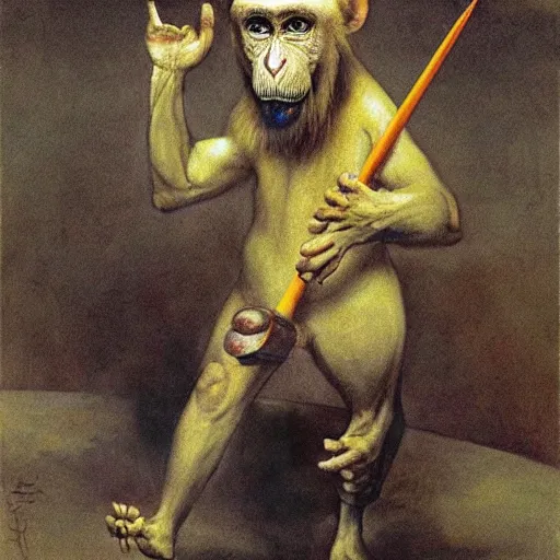 Image similar to Clever monkey with a long knife, very detailed and colorful, by Santiago Caruso, by Odd Nerdrum, by Francisco Goya, beautiful, eerie, surreal, psychedelic