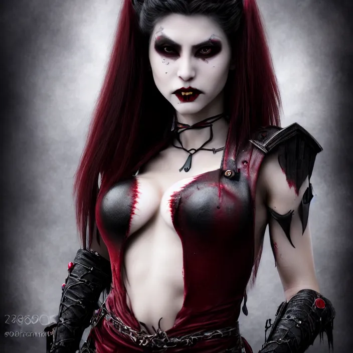 Image similar to photograph of a real-life beautiful! female vampire warrior. Extremely detailed. 8k