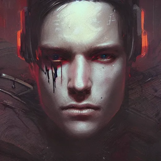 Prompt: young handsome man, cyberpunk, glowing eyes, high detail, dramatic light, digital art, dark, painted by seb mckinnon and greg rutkowski, trending on artstation