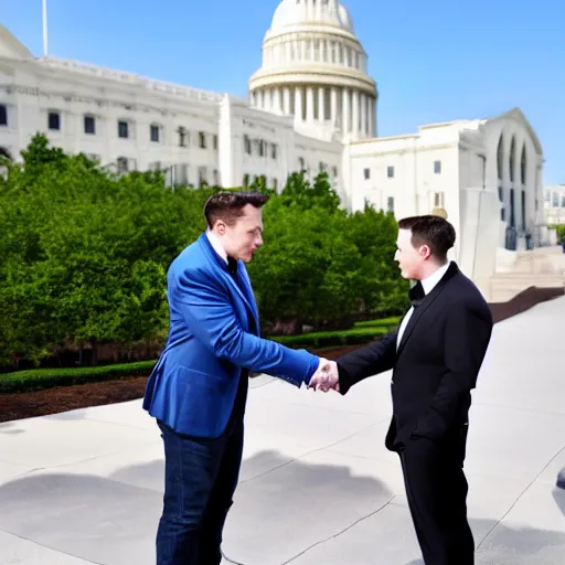 Prompt: Elon Musk shakes hands with Sonic the Hedgehog in front of the capital building. Photographic quality.