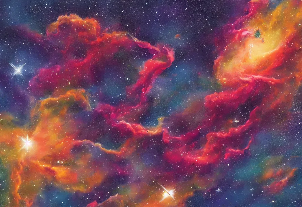 Image similar to A very beautiful and very detailed painting of wine spilling into space and forming a nebula. Trending, Professional, High quality, High resolution, Dynamic