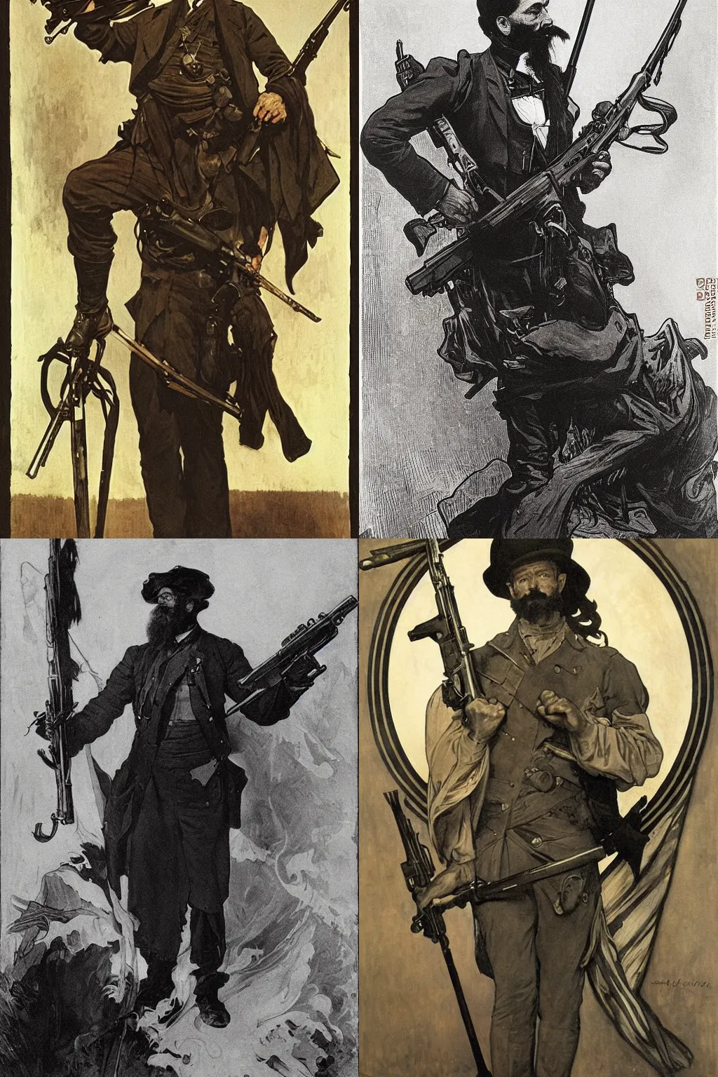 Prompt: epic portrait of John Brown holding a rifle in front of a billowing black flag, by Alphonse Mucha