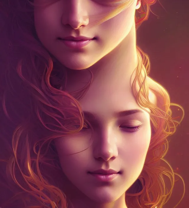 Image similar to symmetry!! portrait of hippie girl smiling, glowing hair!! serene, intricate, elegant, highly detailed, digital painting, artstation, concept art, smooth, sharp focus, illustration, art by artgerm and greg rutkowski and alphonse mucha, 8 k