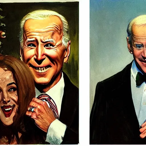 Prompt: joe biden dressed as nosferatu is terrified upon meeting the attractive wife of the world's most horrible man, painted by norman rockwell and tom lovell and frank schoonover