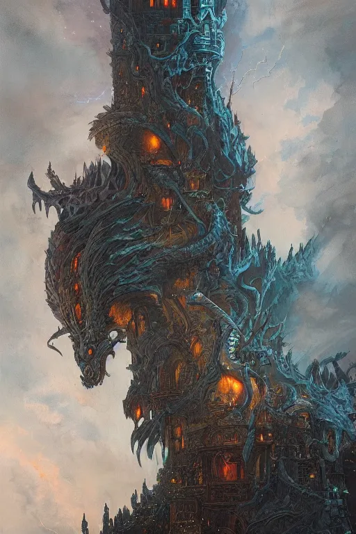 Image similar to !dream Detailed Exterior Shot of Dragon head Tower of Alexandria, light of sorrow, moonlight shafts, swarm of bats, dim atmosphere, in Style of Peter Mohrbacher, cinematic lighting