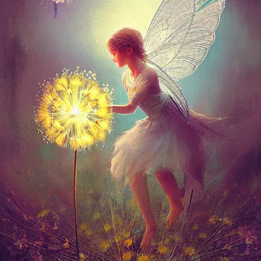 Prompt: a beautiful fairytale painting of a dandelion seed that is also a fairy. dreamy beautiful painting by greg rutkowski