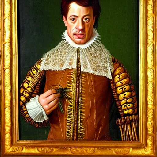 Image similar to a 1 6 0 0 s portrait painting of brendan fraser holding corn, intricate, elegant, highly detailed