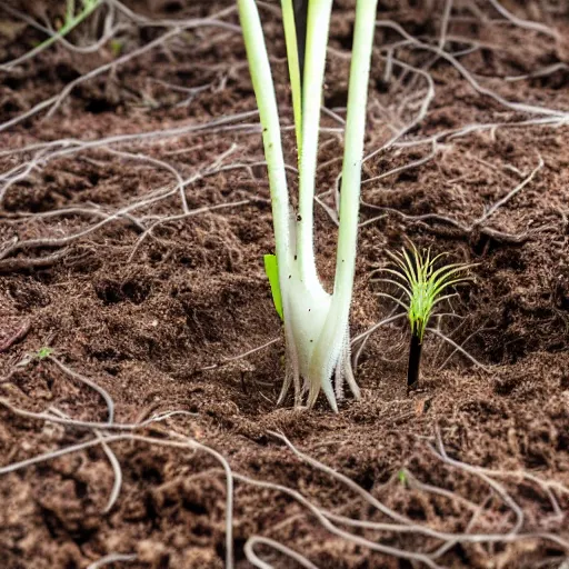 Image similar to a carnivorous plant with white needle-like teeth, photo of a plant growing showing its roots underground, plant photography