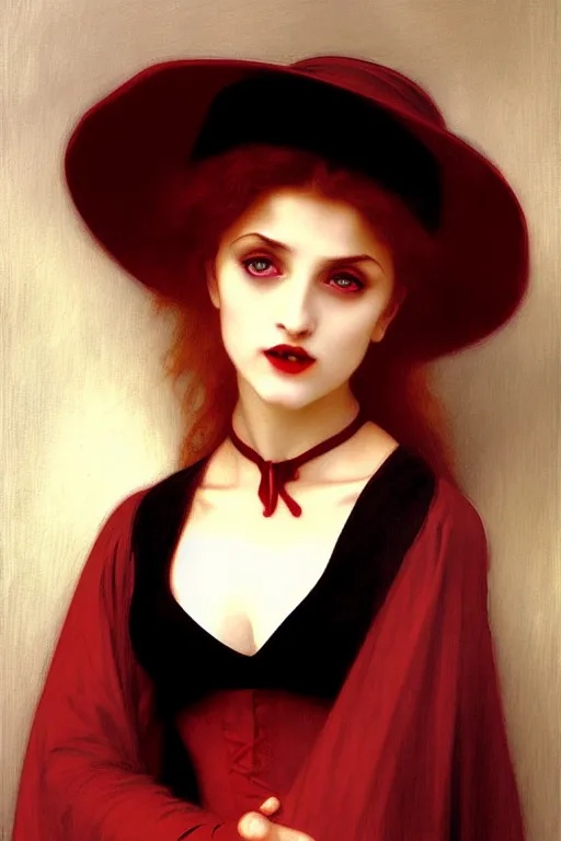 Prompt: vampire in a big hat, painting by rossetti bouguereau, detailed art, artstation