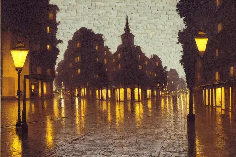Image similar to painting of the streets of madrid at night, streetlights, raining, romantic, by ludwig deutsch and maxfield parrish, patterned tilework, extremely detailed, cinematic lighting, smooth sharp focus
