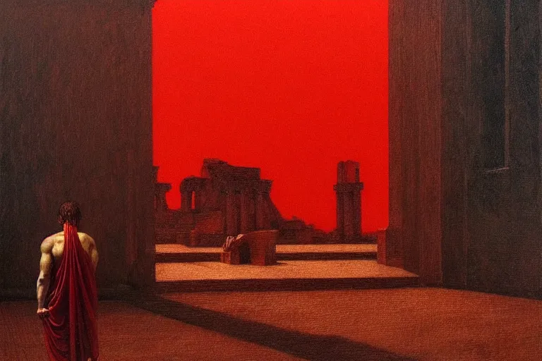 Image similar to only with red, caesar after war, a red tiger, in hoc signo vinces, rome in background, an ancient path, in the style of beksinski, part by hopper, part by rodcenko, part by hofbauer, intricate composition, red by caravaggio, insanely quality, highly detailed, masterpiece, red light, artstation