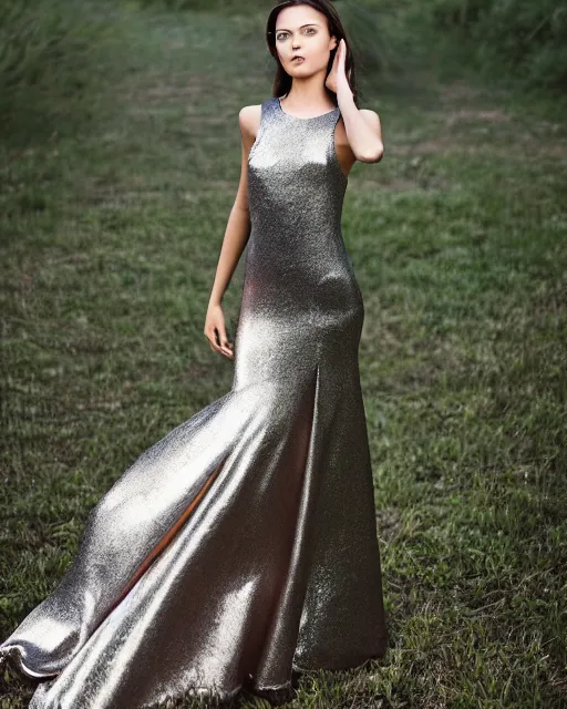 Image similar to in a twilight landscape, a young fashion model woman shows off her figure in a shiny party dress, face and eyes covered by a pointed geometry