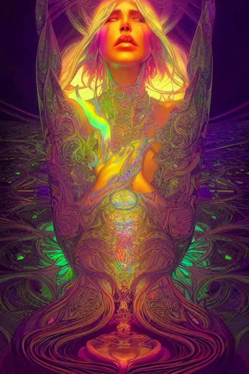 Prompt: psychedelic acid trip, blacklight reactive, sexy, [fantasy], intricate, elegant, highly detailed, digital painting, artstation, concept art, matte, sharp focus, illustration, art by Artgerm and Greg Rutkowski and Alphonse Mucha