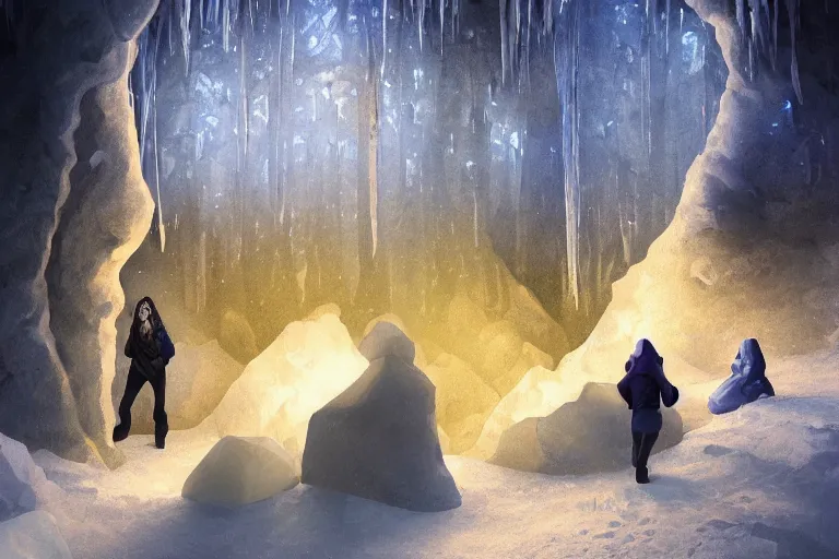 Prompt: three people exploring an open mysterious underground wintry crystalline glowing dimly - lit rocky ice cave with warm lanterns, blue and ( ( ( ( yellow ) ) ) ) tones, fantasy, concept art, amazing landscape painting, romanticism, geometric crystal structures, digital art, trending on artstation