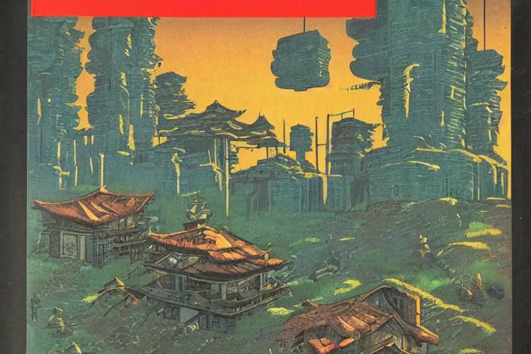 Image similar to 1 9 7 9 omni magazine cover of dnd village. japanese woodblock style by vincent di fate