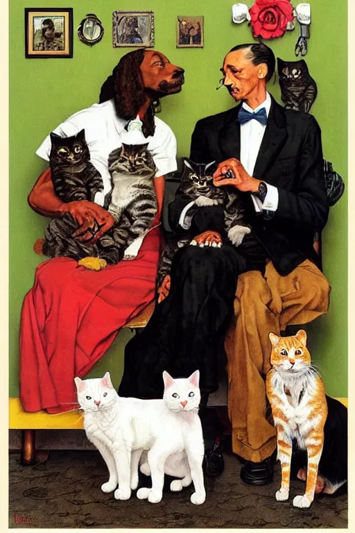 Prompt: snoop dogg and his cats painted by Norman Rockwell