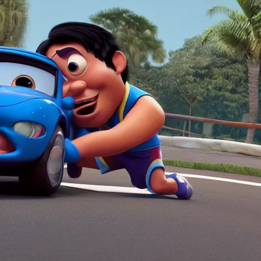 Image similar to manny pacquiao, driving a car, as a pixar disney character from up ( 2 0 0 9 ), unreal engine, octane render, 3 d render, photorealistic