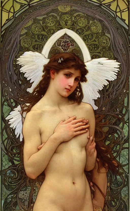 Image similar to portrait of a beautiful angel, intricate, elegant, hyperdetailed by alphonse mucha and william - adolphe bouguereau and john william waterhouse