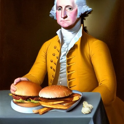 Image similar to George Washington eating a burger