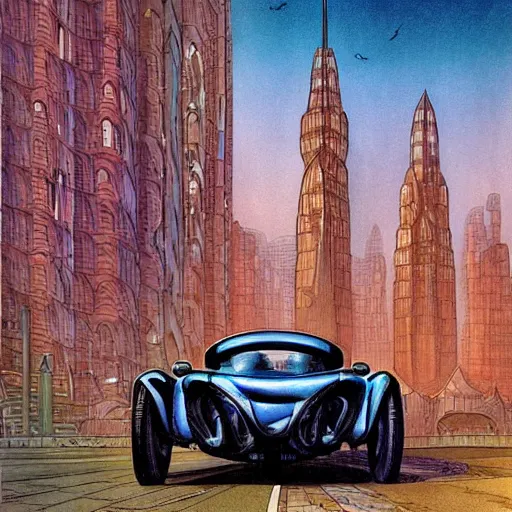 Prompt: a man full body standing next to a huge car in city, people walking in the distance, reflections on wet streets, dieselpunk style, steampunk, art by jean giraud and moebius ; architecture by francois schuiten, beautiful illustration, drawing, painting, clean lines, digital art, symmetric, colorful retrofutur, artstation