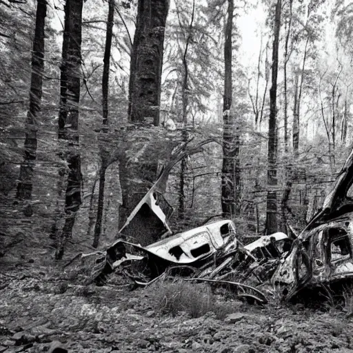 Image similar to huge crashed ufo wreckage in the forest, black and white photo, cinematic, found footage