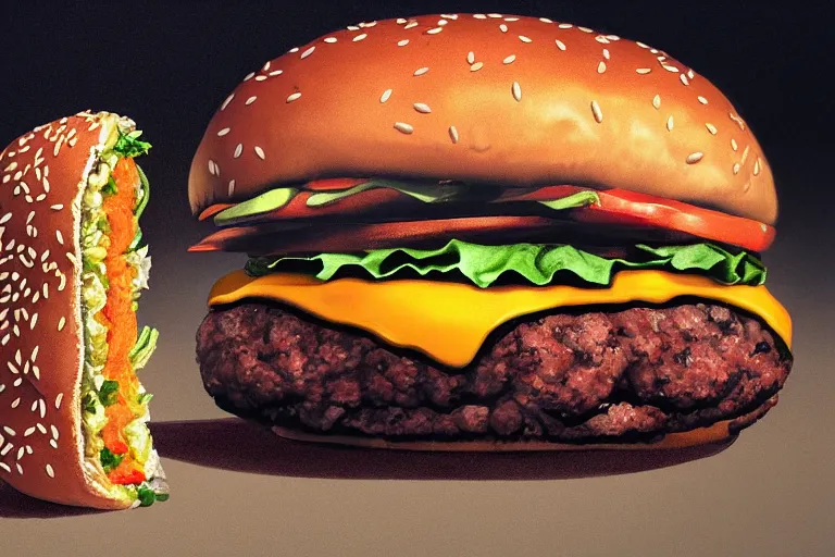 Prompt: death looking at a burger, surrealistic art, highly detailed, 4 k
