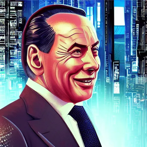 Prompt: berlusconi, head and shoulder shot, cyberpunk city, city background, 4k, beautiful face, smiling, hyperdetailed, trending on artstation, digital art