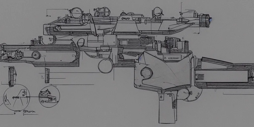 Image similar to blueprint of a laser space gun, technical draw, concept art, very detailed, 3 5 mm