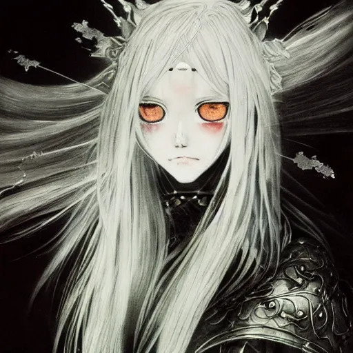 Prompt: yoshitaka amano blurred and dreamy illustration of an anime girl with black eyes, wavy white hair and cracks on her face near eyes wearing elden ring armour with the cape fluttering in the wind, abstract black and white patterns on the background, noisy film grain effect, highly detailed, renaissance oil painting, weird portrait angle