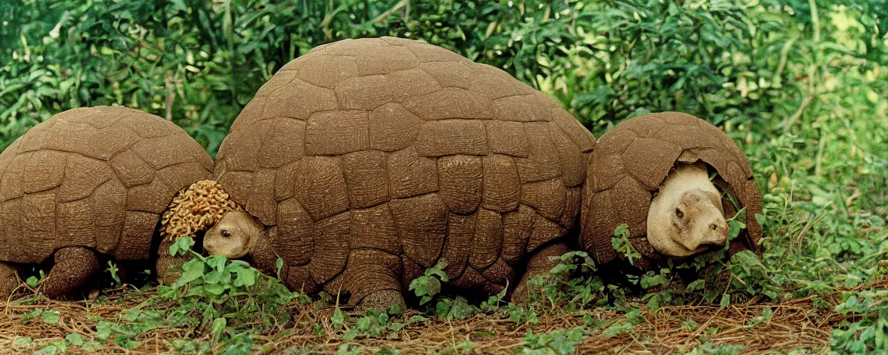 Prompt: a glyptodon eating from a spaghetti plant, pre - historic, in the style of carl warner, canon 5 0 mm, kodachrome,