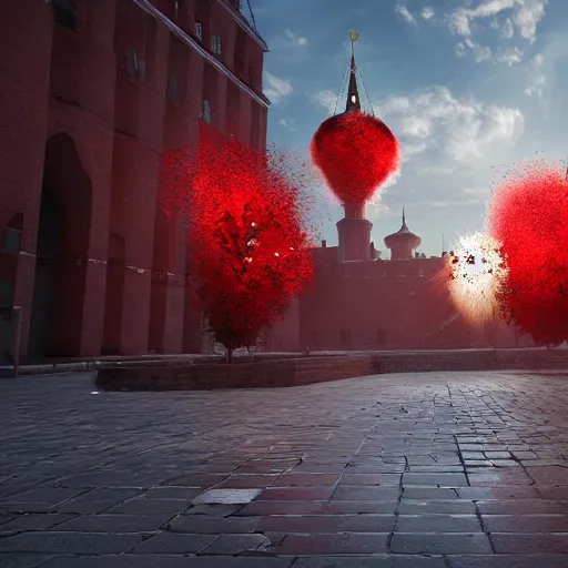 Image similar to huge explosions in the form of white cotton plants in Red Square Kremlin, beautiful dynamic lighting, cinematic, extremely high detail, photo realistic, cinematic lighting, post processed, concept art, artstation, matte painting, unreal engine 8k