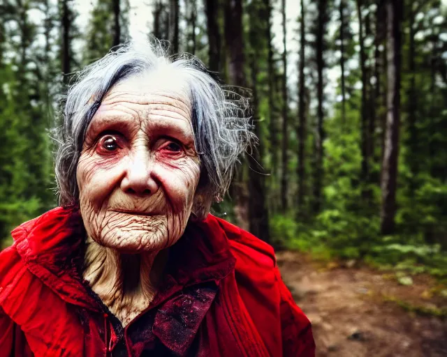 Prompt: close up portrait of an old woman with sinister face and dirty clothes standing outside of an old cabin, forest in the background, bokeh, depth of field, dramatic lighting, cinematic, vivid colors, matte painting, vivid color scheme